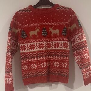 Kids Festive Red Holiday Sweater with Reindeer and Snowflakes